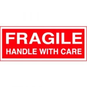 "Fragile, Handle With Care" Label - Red on White, 2 x 5"