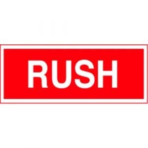 "RUSH" Label - Red on White, 2" x 5"