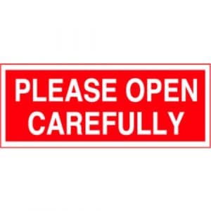 "Please Open Carefully" Label - Red on White, 2" x 5"