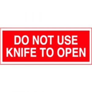 "Do Not Use Knife To Open" Label - Red on White, 2" x 5"
