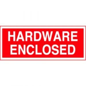 "Hardware Enclosed" Label - Red on White, 2" x 5"