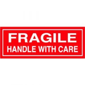 "Fragile, Handle With Care" Label - Red on White, 2 x 5"