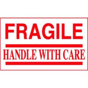 "Fragile, Handle With Care" Label - Red on White, 3" x 5"