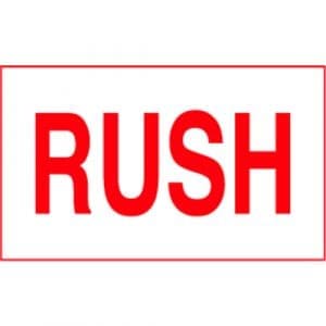 "RUSH" Label - Red on White, 3" x 5"