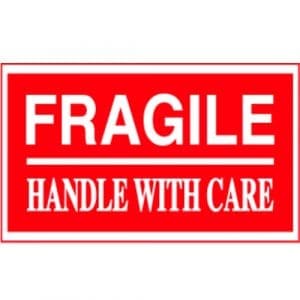 "Fragile, Handle With Care" Label - Red on White, 3" x 5"