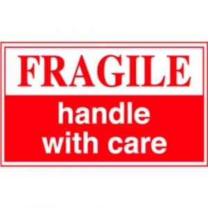 "Fragile, Handle With Care" Label - Red on White, 3" x 5"