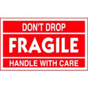 "Don't Drop, Fragile, Handle With Care" Label - Red on White, 3" x 5"