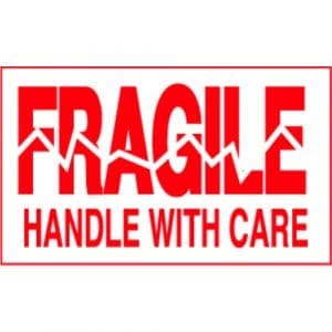 "Fragile, Handle With Care" Label - Red on White, 3" x 5"
