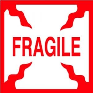 "Fragile" Label - Red on White, 4" x 4"