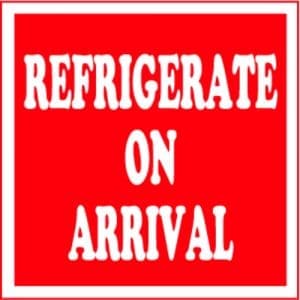"Refrigerate On Arrival" Label - Red on White, 4" x 4"