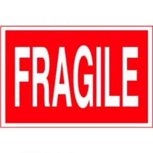 "Fragile" Label - White on Red, 4" x 6"